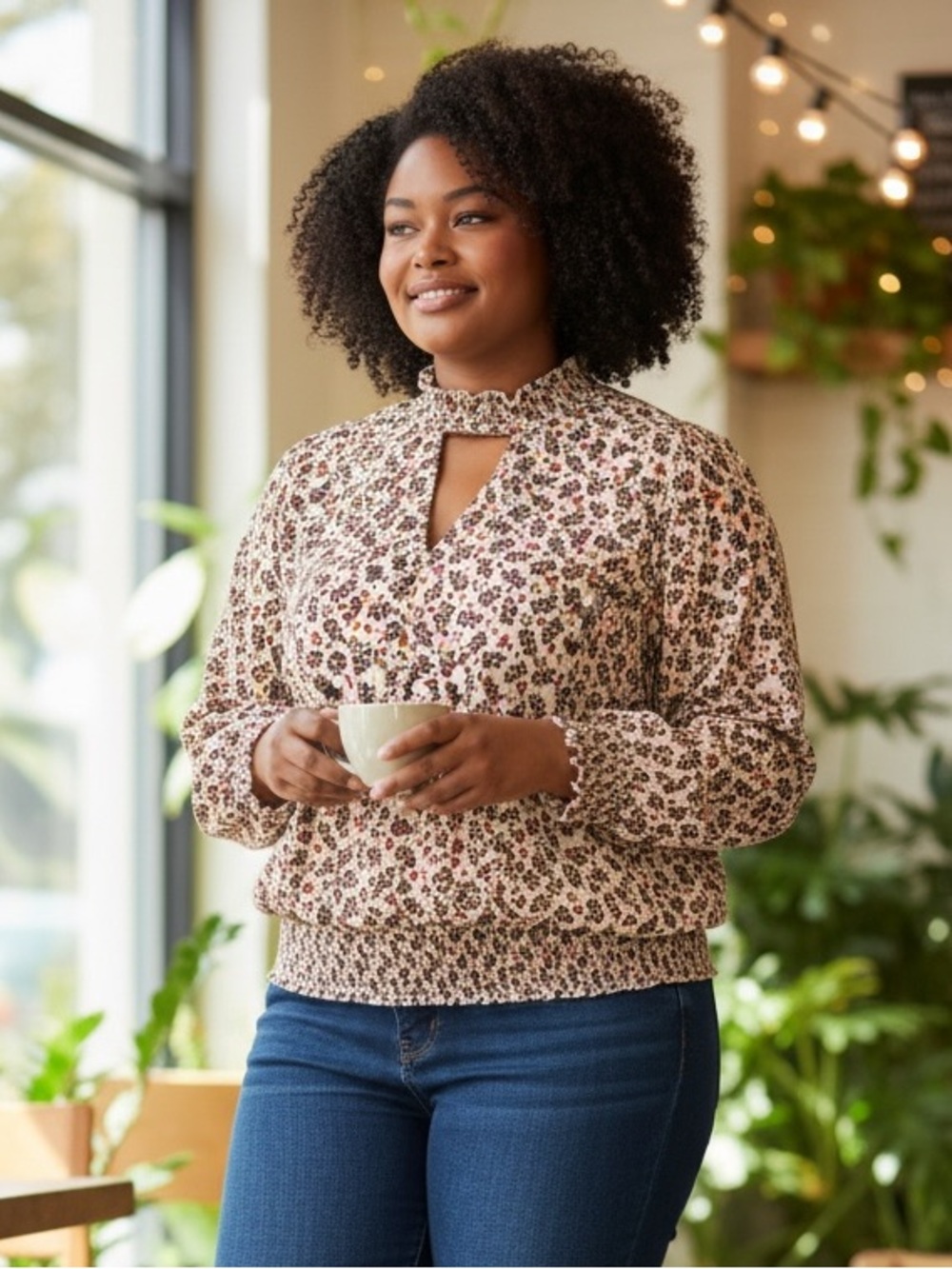 torrid Cream Floral Keyhole Smocked Blouse